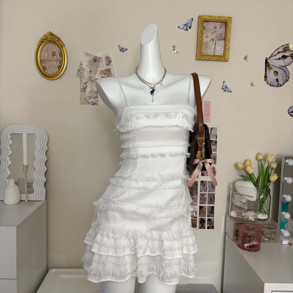 Princess Polly White Tiered Fringe Mini Dress Spaghetti Straps Festival Party Dr